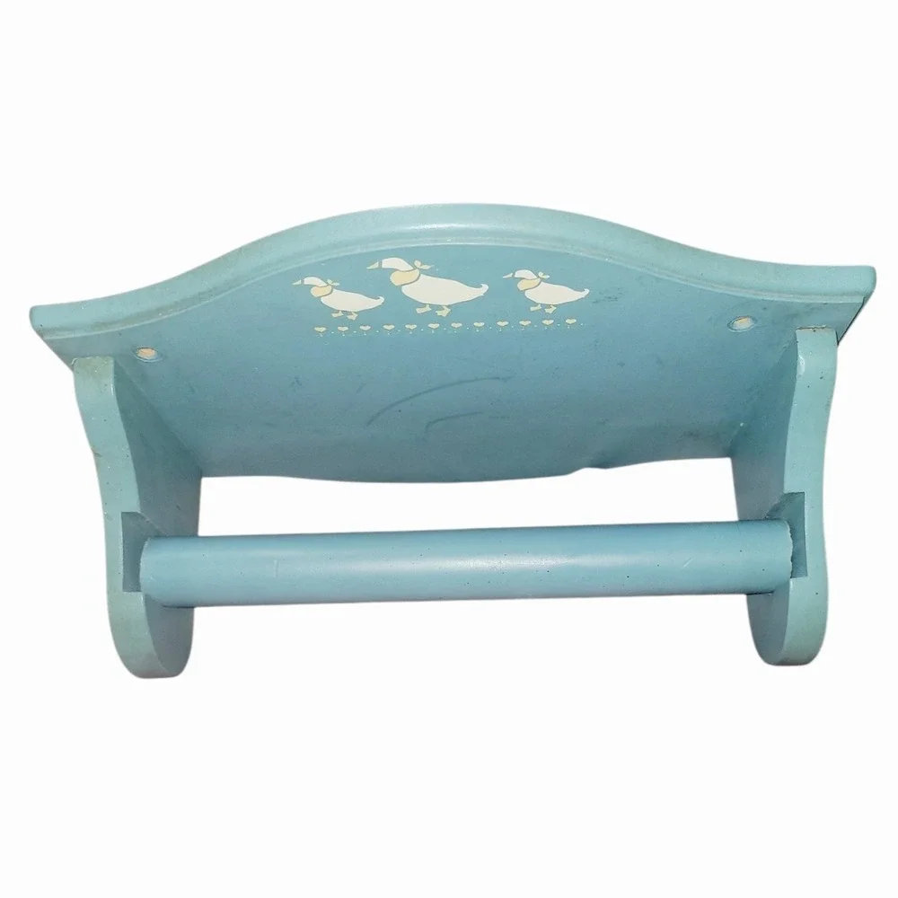 Vintage Wooden Goose Paper Towel Holder Blue Country Farmhouse Wall Mount